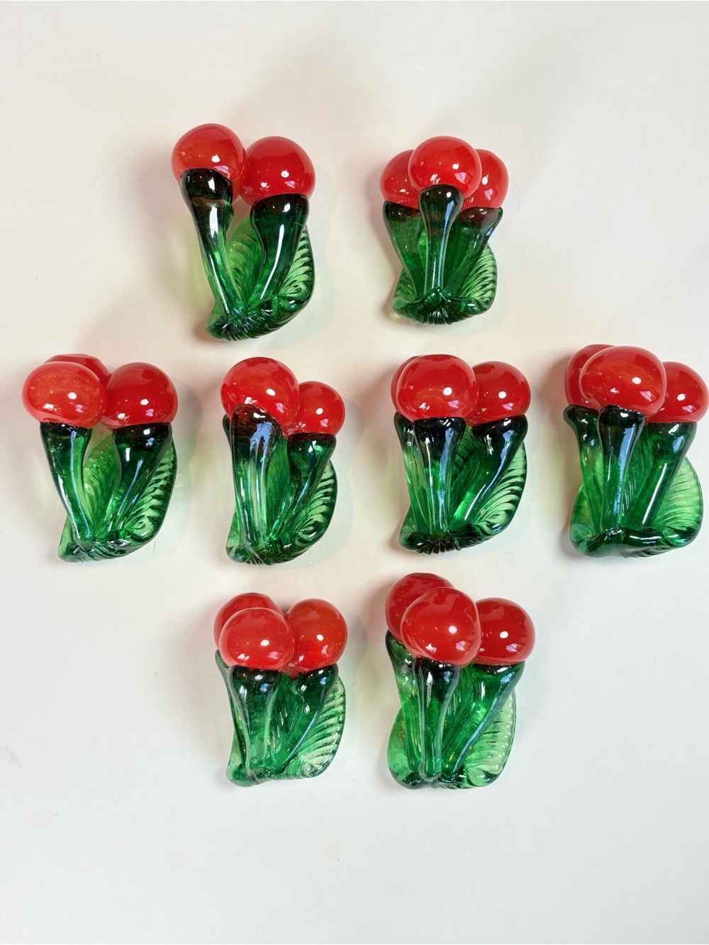 Vintage Hand Blown Art Glass Red Cherry Figurines Set of 8 Green Leaf Fruit Deco